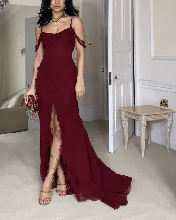 Alluring Mermaid Sweetheart Cold Shoulder Zipper Back High Slit Floor-Length Burgundy Evening Dress