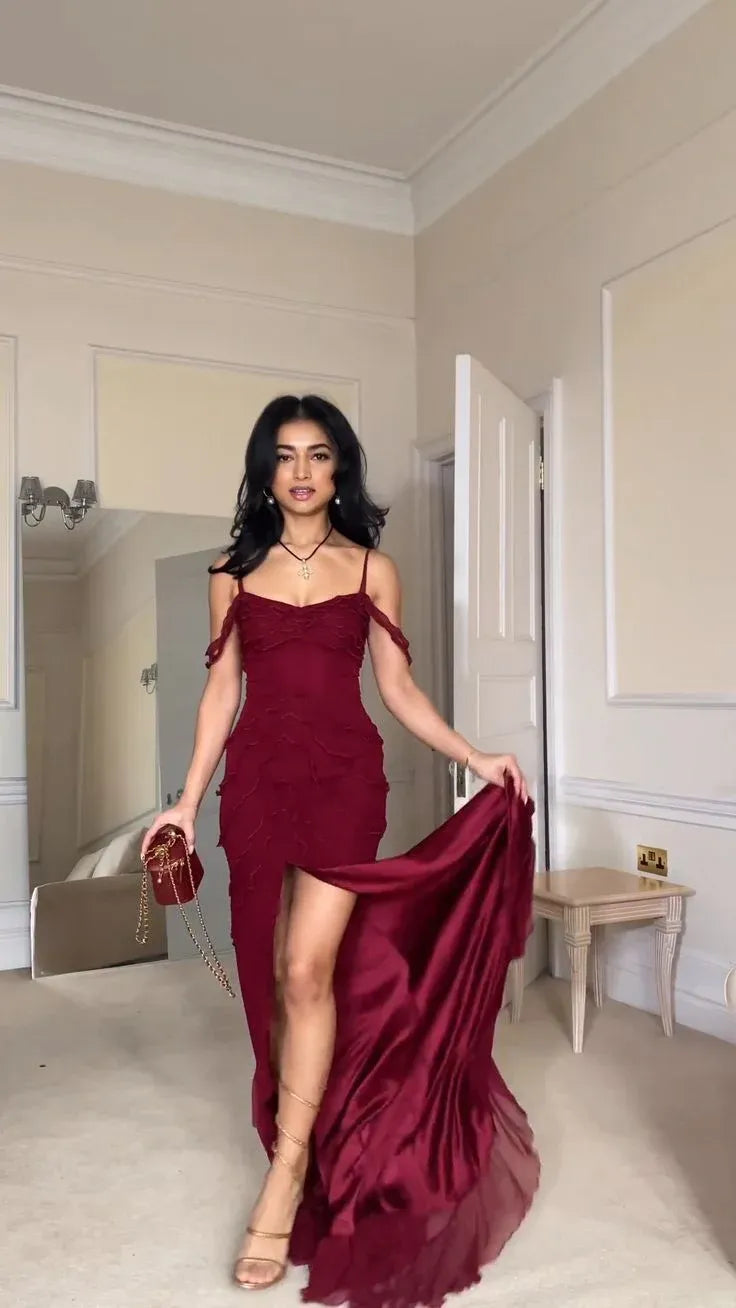 Alluring Mermaid Sweetheart Cold Shoulder Zipper Back High Slit Floor-Length Burgundy Evening Dress