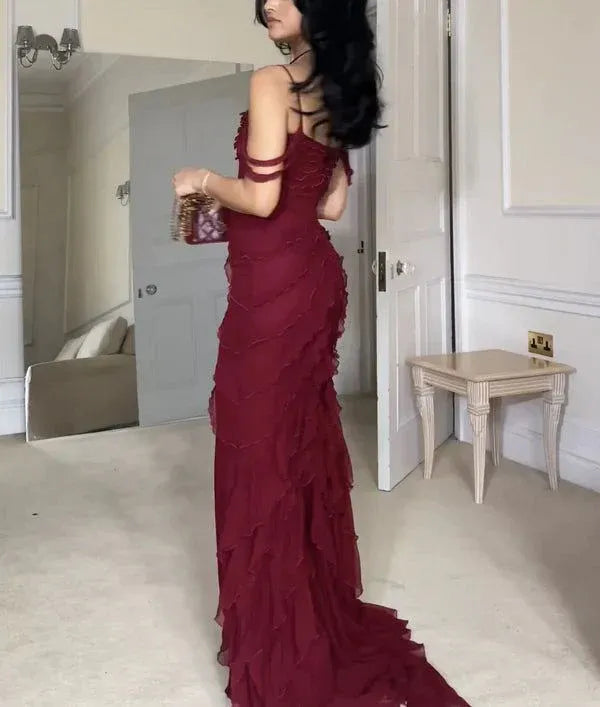 Alluring Mermaid Sweetheart Cold Shoulder Zipper Back High Slit Floor-Length Burgundy Evening Dress