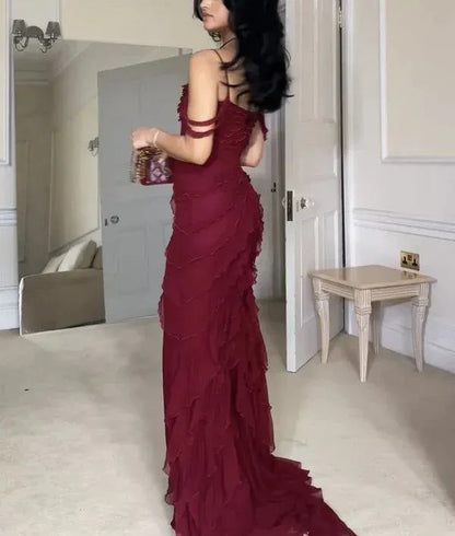 Alluring Mermaid Sweetheart Cold Shoulder Zipper Back High Slit Floor-Length Burgundy Evening Dress