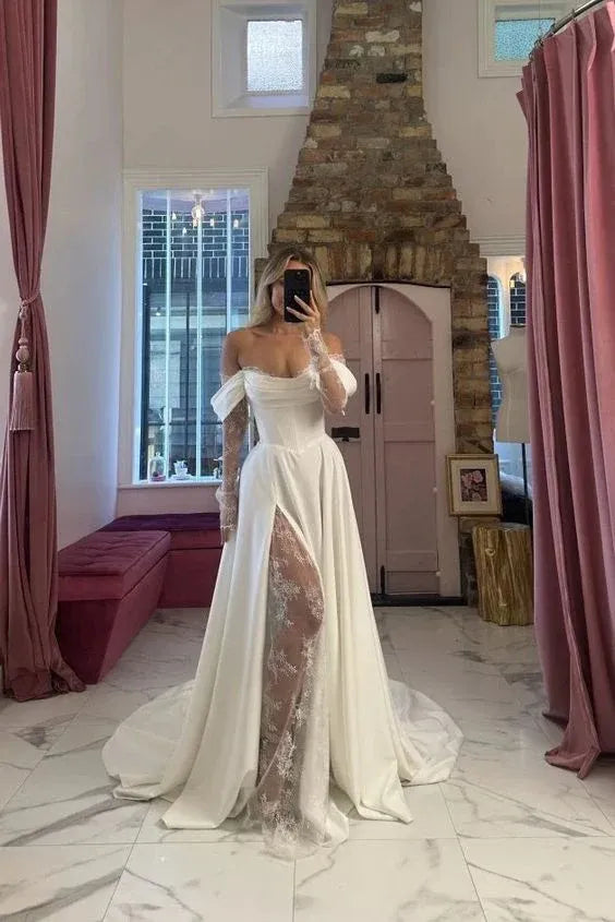 Alluring A-Line Off-Shoulder Long Sleeve Slit Lace Satin White Train Wedding Dress