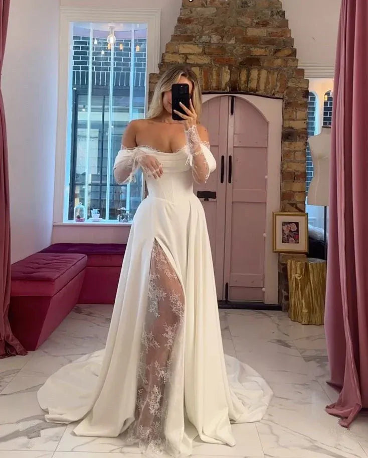 Alluring A-Line Off-Shoulder Long Sleeve Slit Lace Satin White Train Wedding Dress