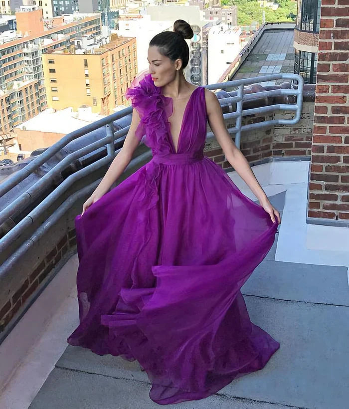 Alluring A Line V Neck Sleeveless Lace Up Sweep/Brush Train Prom Dress