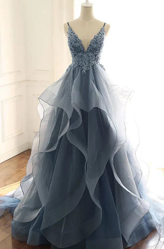 Alluring A Line V Neck Sleeveless Tulle Appliques Chapel Train Prom Dress