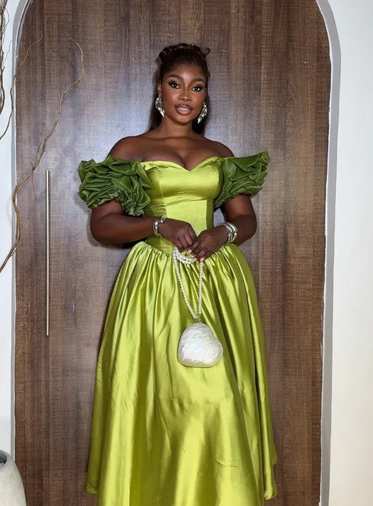 Apple Green Off Shoulder Ruffle Sleeve Corset A-Line Satin Midi Formal Dress