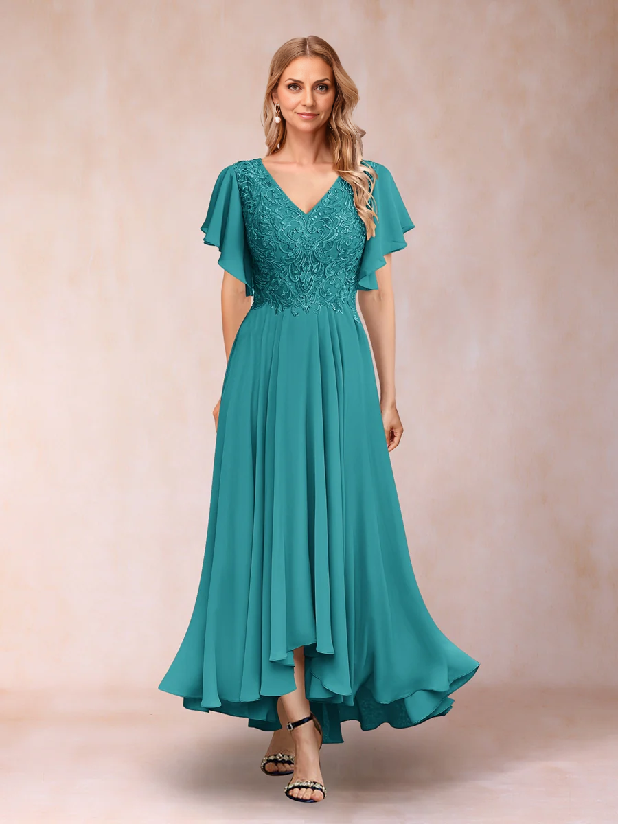 A-Line/Princess V-Neck Short Sleeves Long Evening Dresses Chiffon Mother of the Bride Dresse with Appliques