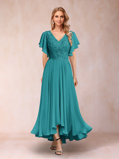 A-Line/Princess V-Neck Short Sleeves Long Evening Dresses Chiffon Mother of the Bride Dresse with Appliques