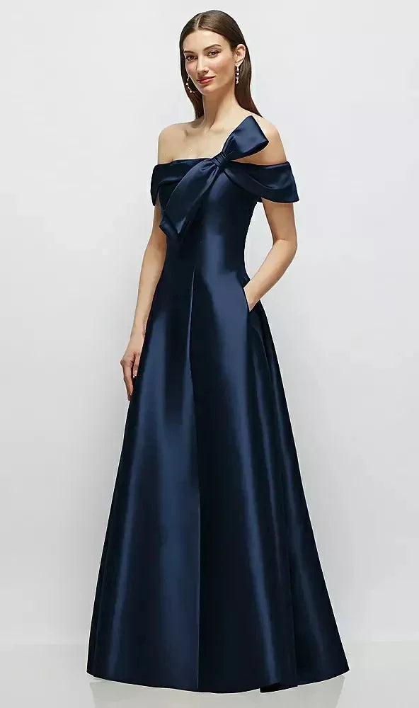 Asymmetrical Bow Off-Shoulder Satin Gown with Ballroom Skirt in Midnight Navy