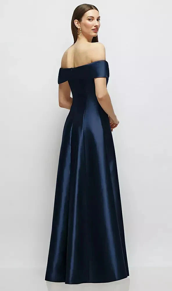 Asymmetrical Bow Off-Shoulder Satin Gown with Ballroom Skirt in Midnight Navy