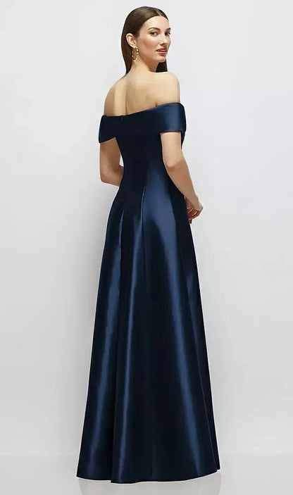 Asymmetrical Bow Off-Shoulder Satin Gown with Ballroom Skirt in Midnight Navy