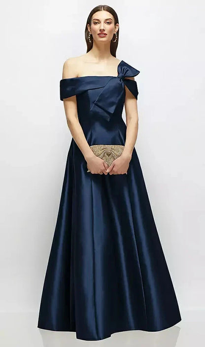 Asymmetrical Bow Off-Shoulder Satin Gown with Ballroom Skirt in Midnight Navy