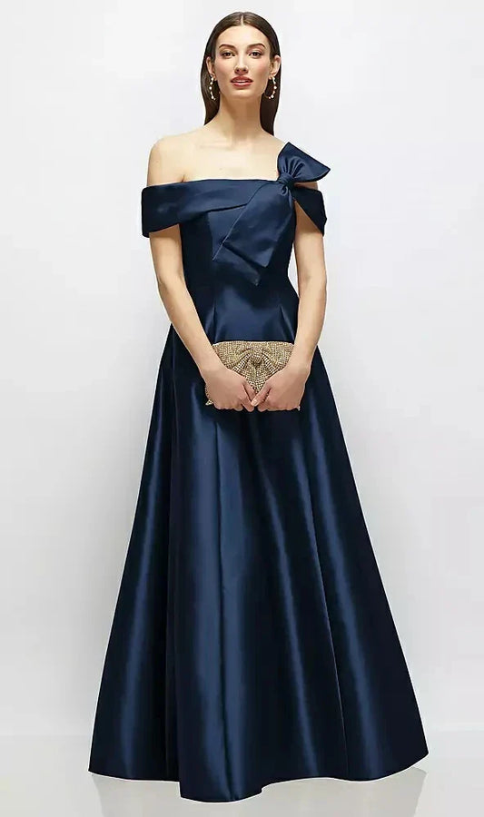 Asymmetrical Bow Off-Shoulder Satin Gown with Ballroom Skirt in Midnight Navy