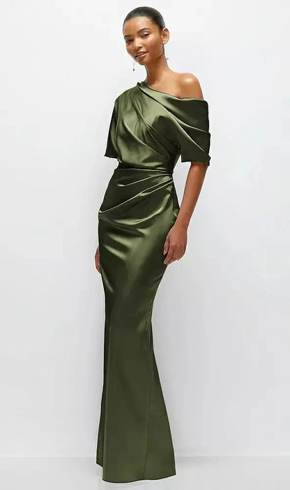 Asymmetrical Off-the-Shoulder Pleated Satin Maxi Dress in Olive Green