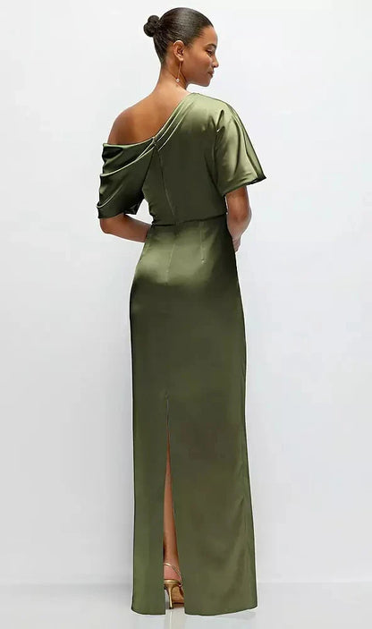 Asymmetrical Off-the-Shoulder Pleated Satin Maxi Dress in Olive Green