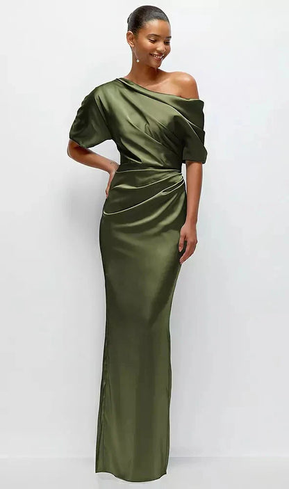 Asymmetrical Off-the-Shoulder Pleated Satin Maxi Dress in Olive Green
