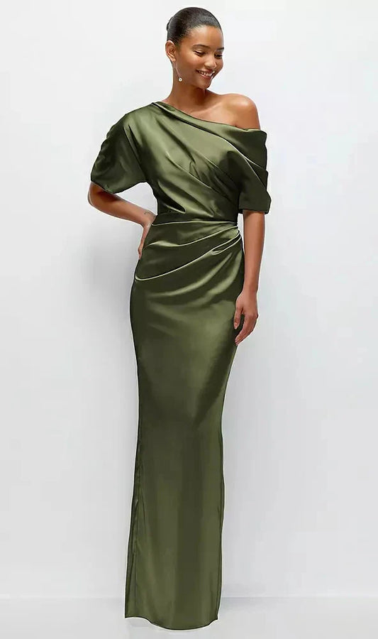 Asymmetrical Off-the-Shoulder Pleated Satin Maxi Dress in Olive Green