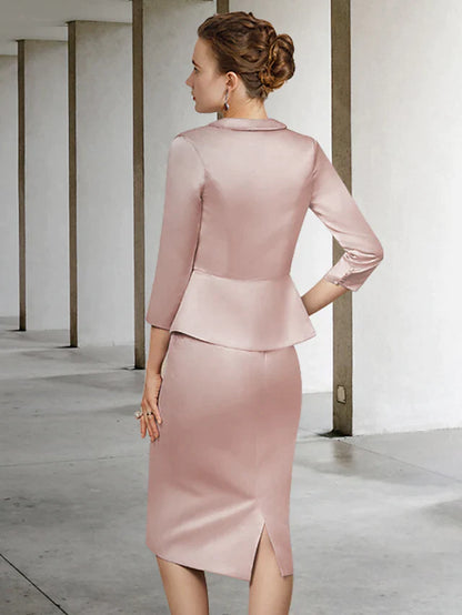 Mother of the Bride Dress Elegant Jewel Neck Knee Length Lace Satin Length Sleeve with Appliques