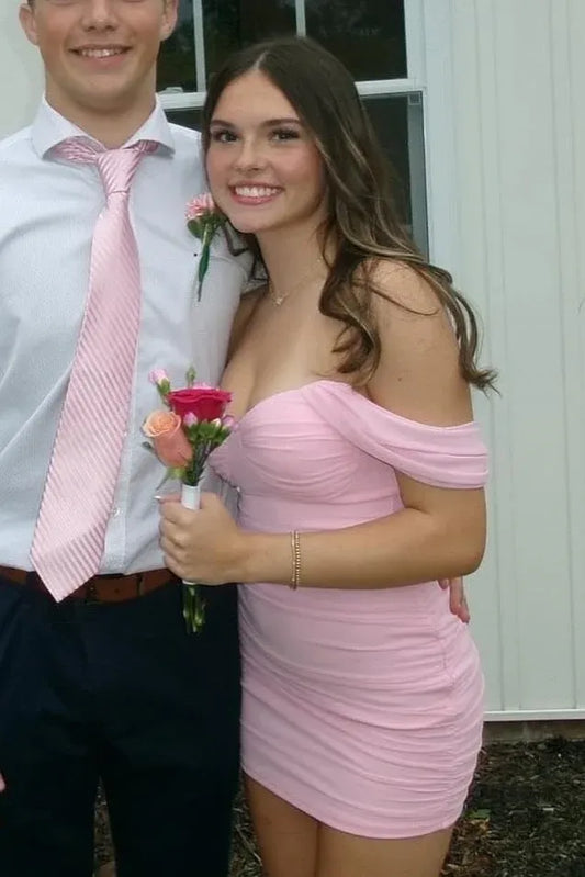 Baby Pink Off Shoulder Ruched Bodycon Short Homecoming Dress