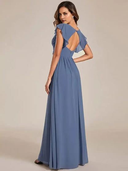 Back Cutout A-Line Pleated Ruffles Sleeve Chiffon Bridesmaid Dress