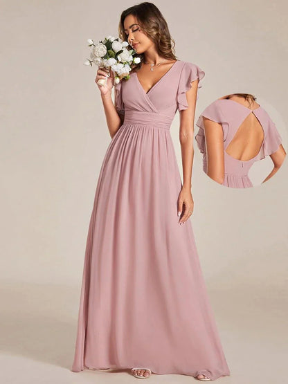 Back Cutout A-Line Pleated Ruffles Sleeve Chiffon Bridesmaid Dress
