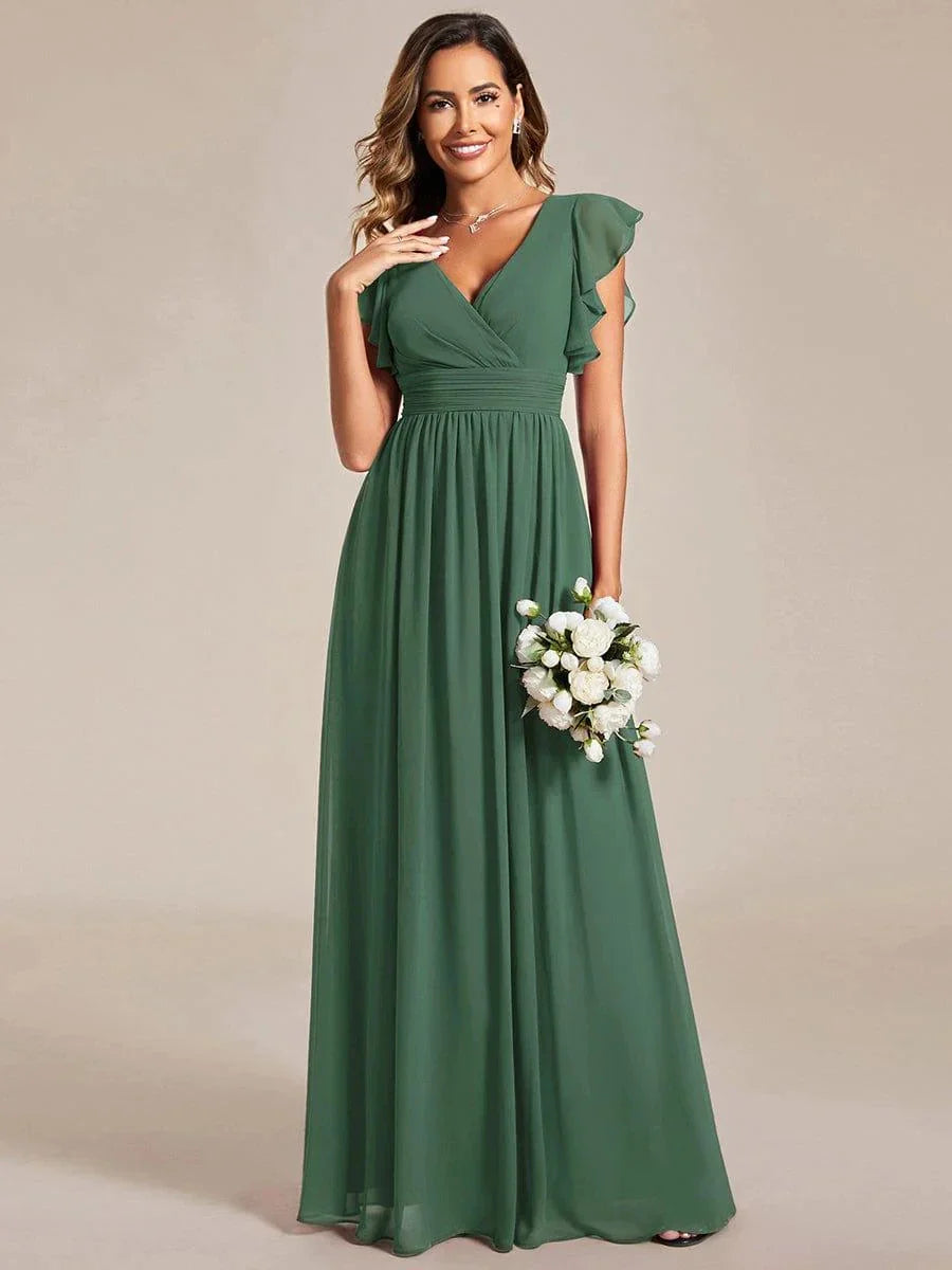 Back Cutout A-Line Pleated Ruffles Sleeve Chiffon Bridesmaid Dress