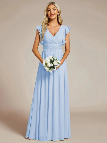 Back Cutout A-Line Pleated Ruffles Sleeve Chiffon Bridesmaid Dress