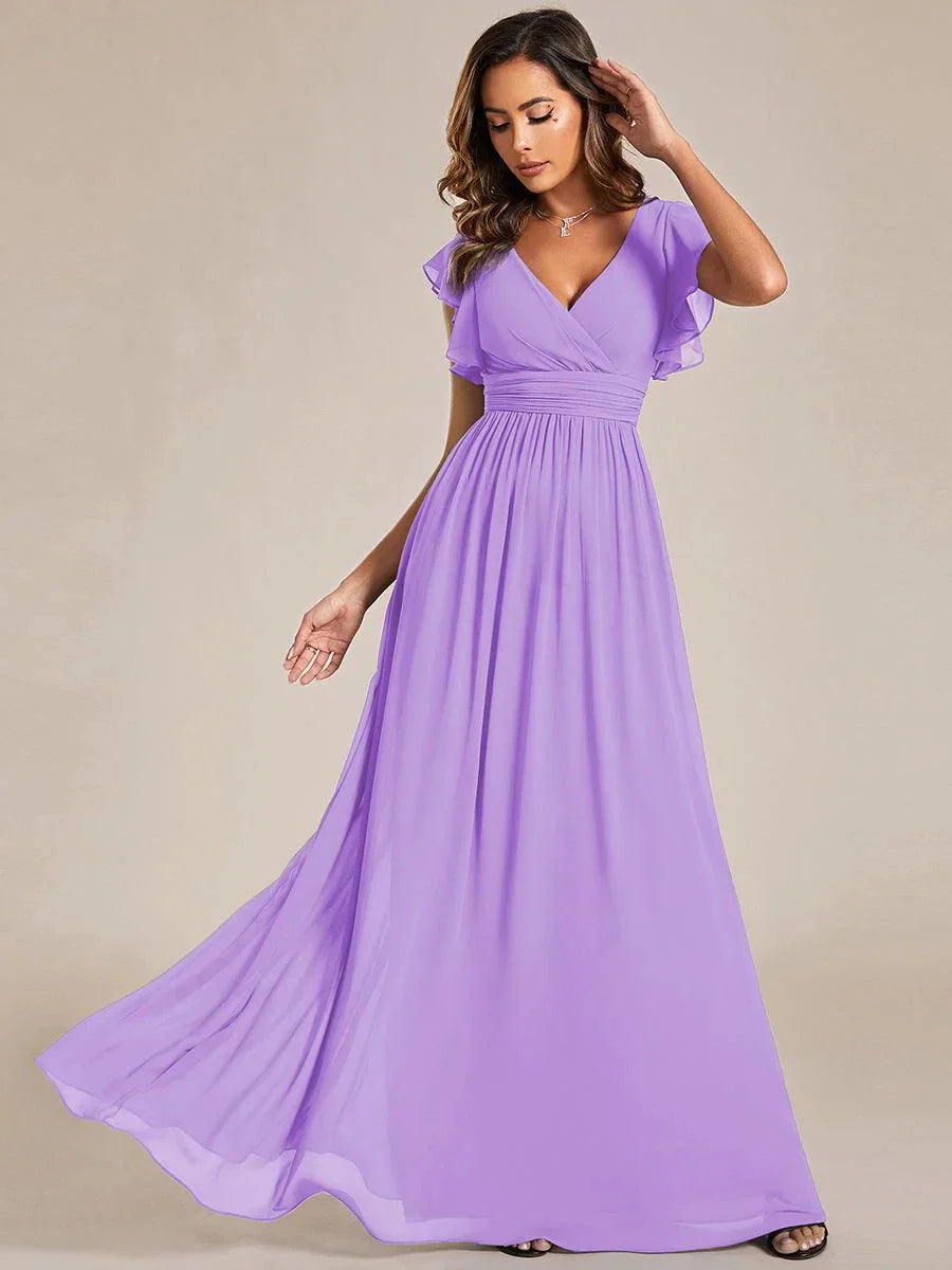 Back Cutout A-Line Pleated Ruffles Sleeve Chiffon Bridesmaid Dress