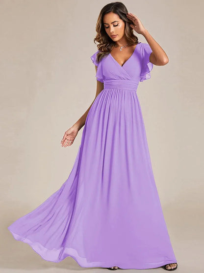 Back Cutout A-Line Pleated Ruffles Sleeve Chiffon Bridesmaid Dress