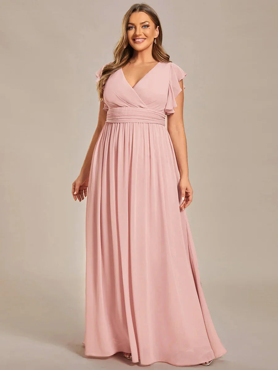 Back Cutout A-Line Pleated Ruffles Sleeve Chiffon Bridesmaid Dress