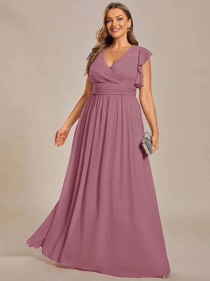 Back Cutout A-Line Pleated Ruffles Sleeve Chiffon Bridesmaid Dress