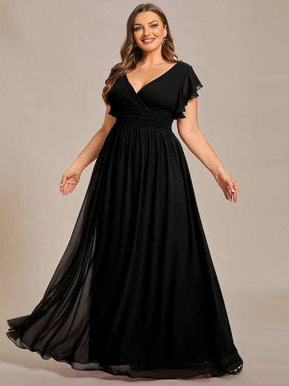 Back Cutout A-Line Pleated Ruffles Sleeve Chiffon Bridesmaid Dress
