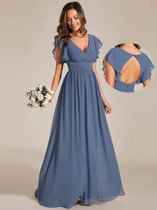 Back Cutout A-Line Pleated Ruffles Sleeve Chiffon Bridesmaid Dress