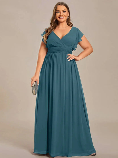 Back Cutout A-Line Pleated Ruffles Sleeve Chiffon Bridesmaid Dress