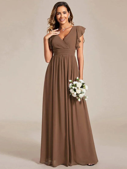 Back Cutout A-Line Pleated Ruffles Sleeve Chiffon Bridesmaid Dress