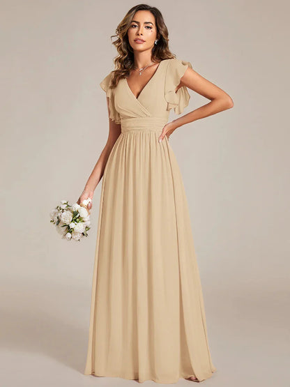 Back Cutout A-Line Pleated Ruffles Sleeve Chiffon Bridesmaid Dress