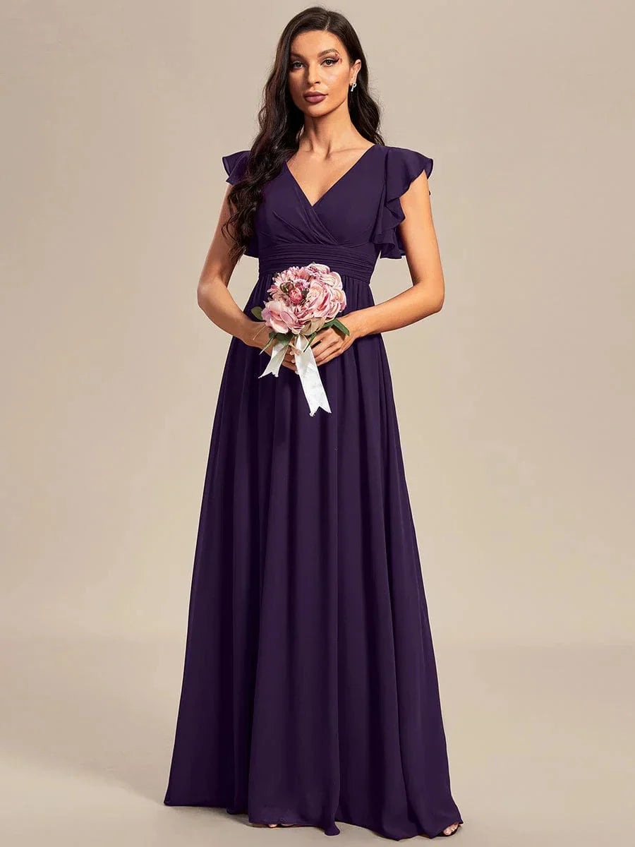 Back Cutout A-Line Pleated Ruffles Sleeve Chiffon Bridesmaid Dress