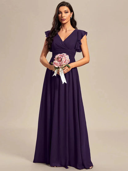 Back Cutout A-Line Pleated Ruffles Sleeve Chiffon Bridesmaid Dress