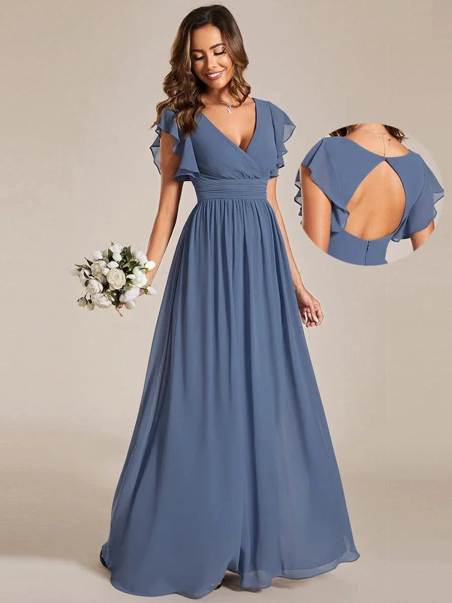Back Cutout A-Line Pleated Ruffles Sleeve Chiffon Bridesmaid Dress
