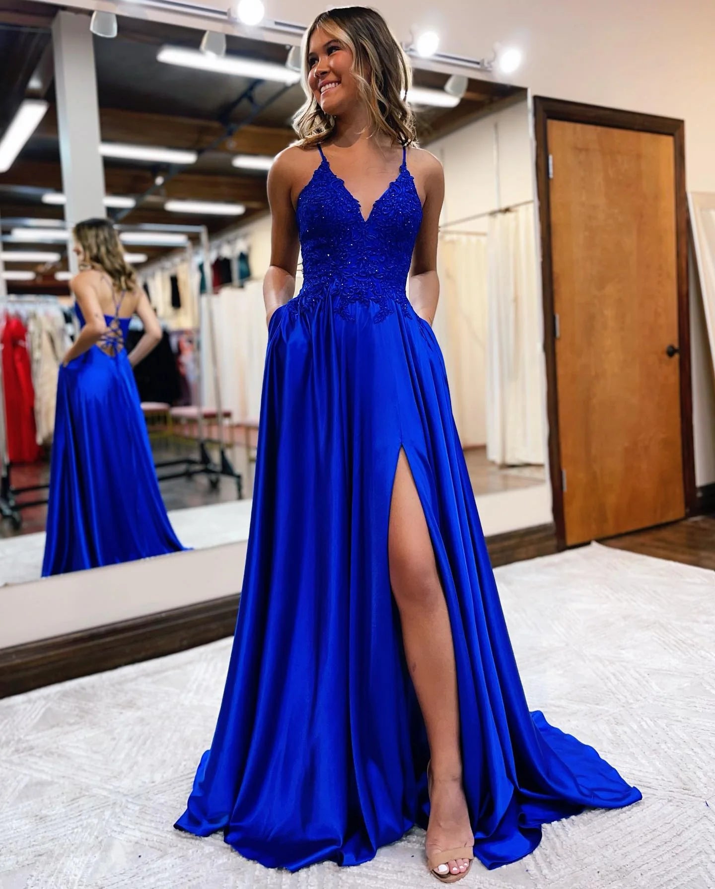A-Line V-Neck Long Prom Dress Lace With Slit
