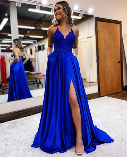 A-Line V-Neck Long Prom Dress Lace With Slit