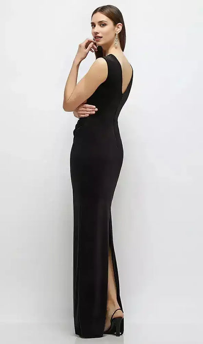 High-Neck Cap Shoulder Pleated Bodice Velvet Column Maxi Dress in Black