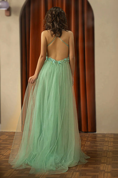 Backless Beaded Slit Prom Dress