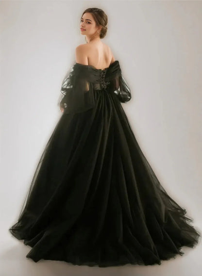 Ball-Gown Off-the-Shoulder 34 Sleeves Floor-Length Black Wedding Dresses with Lace-Up & Sequins