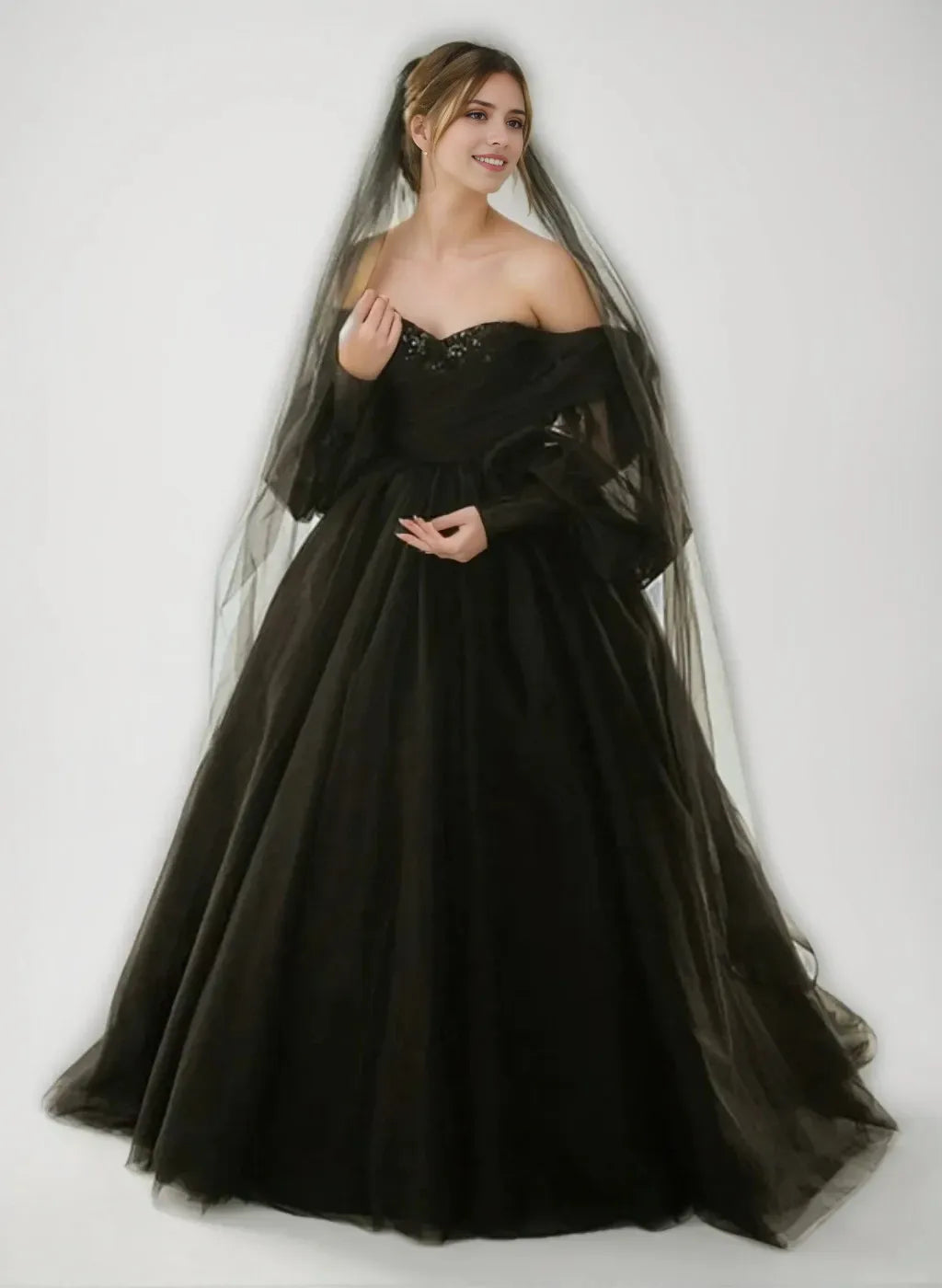Ball-Gown Off-the-Shoulder 34 Sleeves Floor-Length Black Wedding Dresses with Lace-Up & Sequins