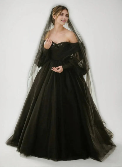 Ball-Gown Off-the-Shoulder 34 Sleeves Floor-Length Black Wedding Dresses with Lace-Up & Sequins