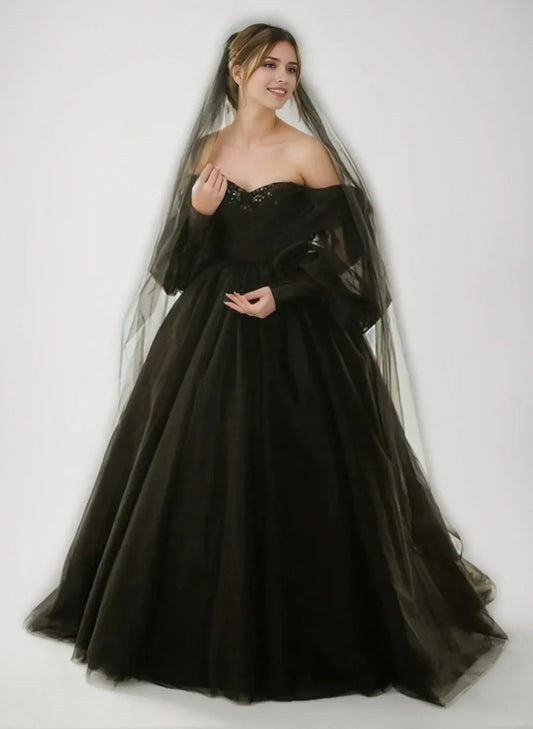 Ball-Gown Off-the-Shoulder 34 Sleeves Floor-Length Black Wedding Dresses with Lace-Up & Sequins