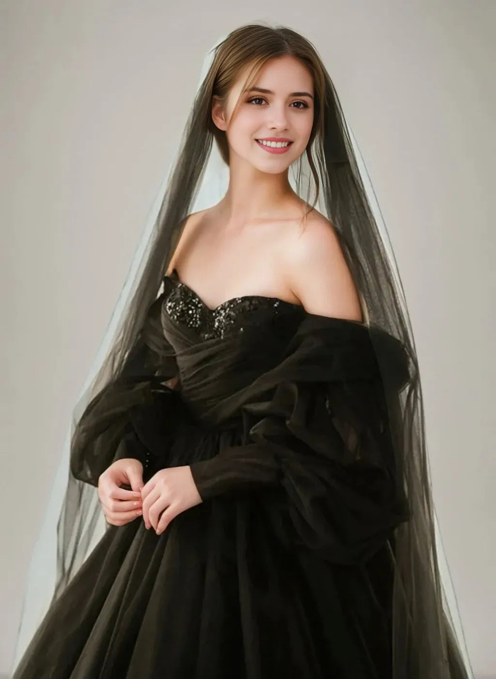 Ball-Gown Off-the-Shoulder 34 Sleeves Floor-Length Black Wedding Dresses with Lace-Up & Sequins