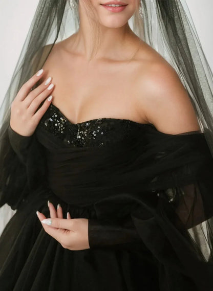 Ball-Gown Off-the-Shoulder 34 Sleeves Floor-Length Black Wedding Dresses with Lace-Up & Sequins