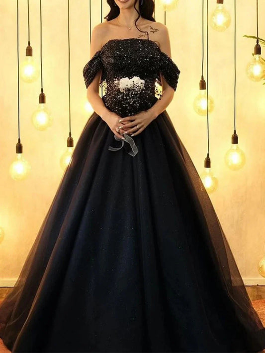 Ball-Gown Off-the-Shoulder Sweep Train Sequined Black Wedding Dresses
