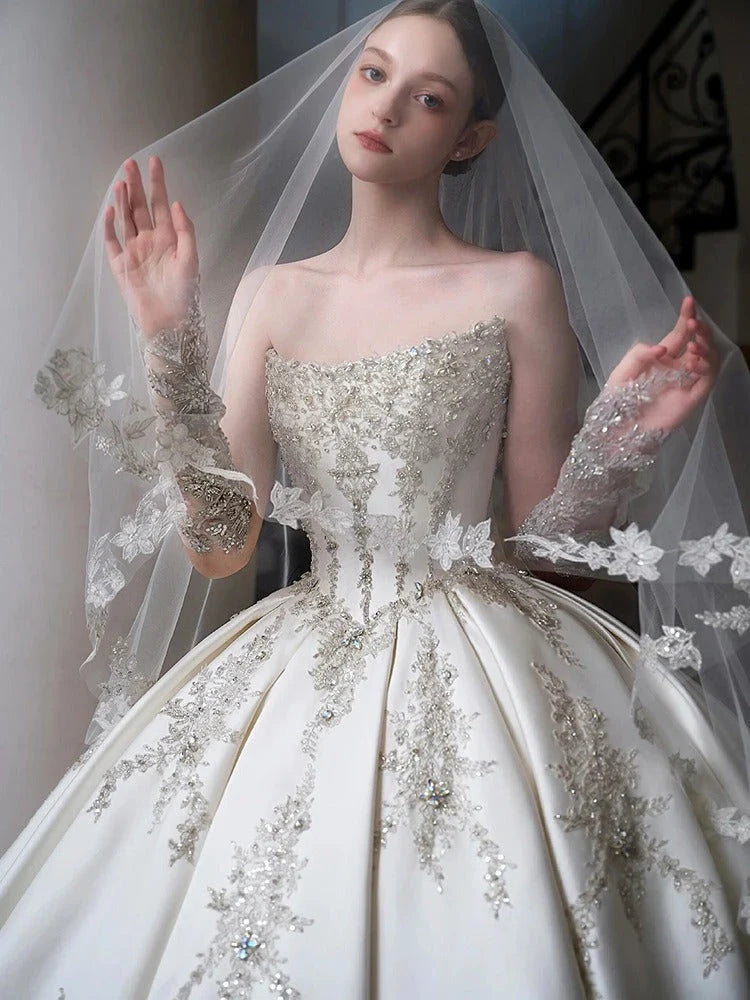 Ball Gown Off-The-Shoulder Cathedral Train Pleated Wedding Dresses with Jewel Appliques